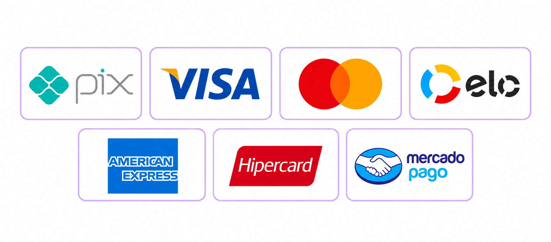 Formas de pagamento: Pix, Visa, Mastercard, Elo, American Express, Hipercard e Mercado Pago