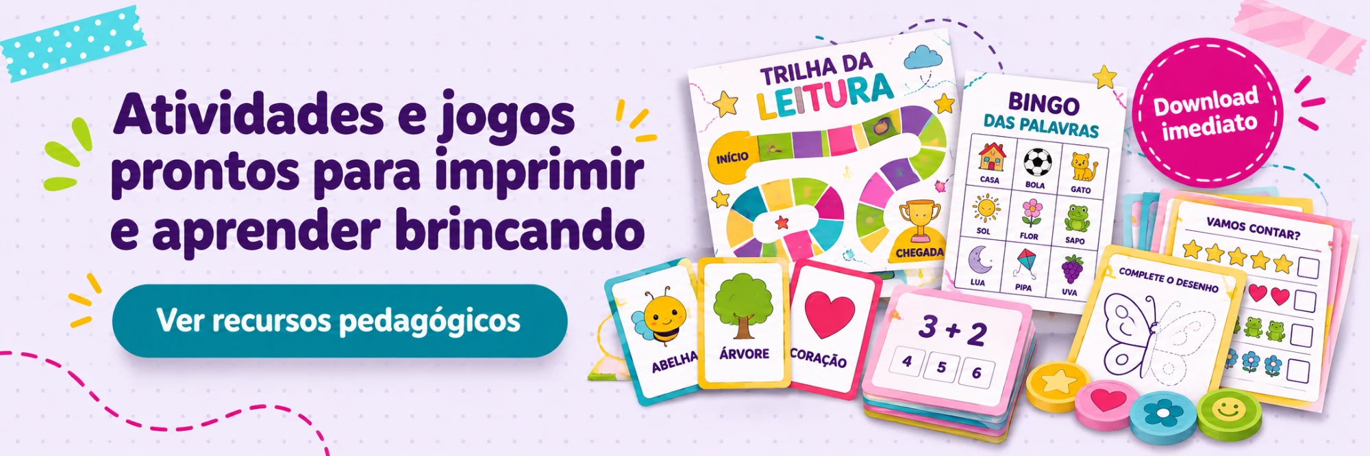 Atividades e jogos prontos para imprimir e aprender brincando. Download imediato. Ver recursos pedagógicos